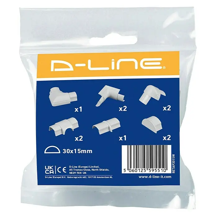 D-Line Kabelkanal-Zubehörkit - Weiß, Passend für: D-Line Kabelkanal 30 x 15 mm - Eine Packung D-Line 30x15mm Kabelkanal-Zubehörteile, inklusive Ecken, T-Stücke und Endkappen, für eine saubere Kabelinstallation.