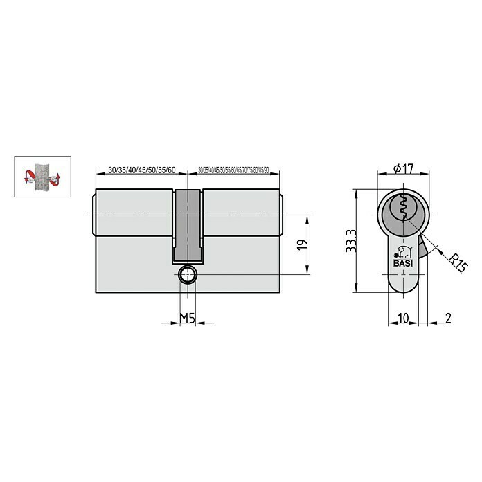 Basi Profilzylinder AS mit N+G (Baulänge innen: 30 mm, Baulänge außen: 90 mm, Material Zylinder: Messing, Profilschlüssel, Mit Not- & Gefahrenfunktion) | BAUHAUS