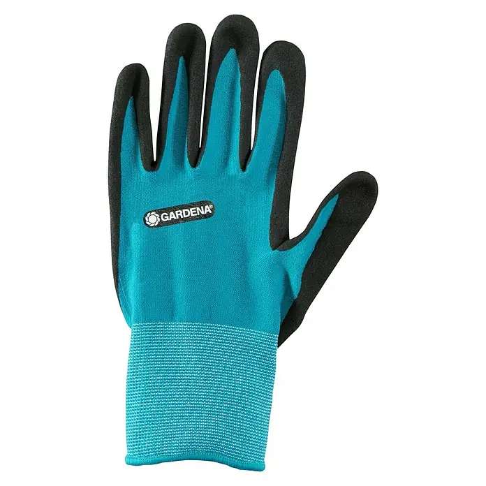 Gardena Gartenhandschuhe Pflanz- und Bodenarbeit - 8, M, Schwarzblau - Nahaufnahme eines Gardena Gartenhandschuhs in Türkis und Schwarz, ideal für Gartenarbeiten und Pflanzungen.