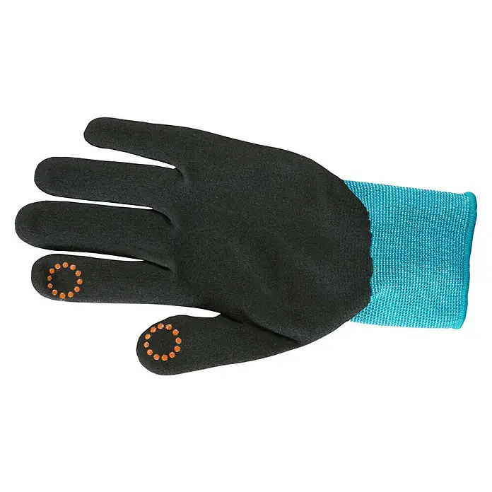 Gardena Gartenhandschuhe Pflanz- und Bodenarbeit - 8, M, Schwarzblau - Nahaufnahme eines schwarzen Gartenhandschuhs mit blauen Bündchen und orangefarbenen Touchscreen-Pads an Daumen und Zeigefinger.