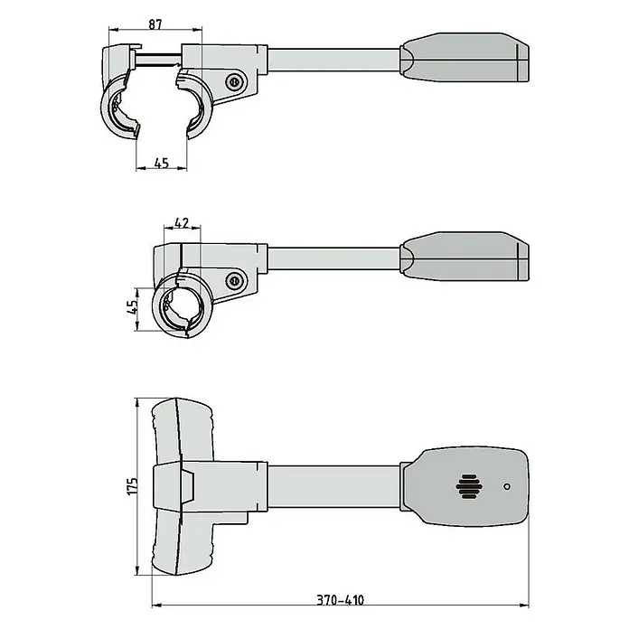 Basi Lenkradsperre KFZ 102 mit Alarm - Stahl, Länge: 410 mm - Technische Zeichnung eines Klemmgriffs mit verschiedenen Maßangaben für technische Dokumentationen.