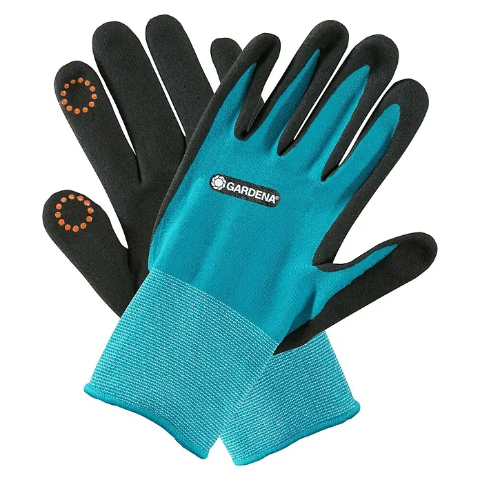 Gardena Gartenhandschuhe Pflanz- und Bodenarbeit - 8, M, Schwarzblau - Ein Paar Gardena Gartenhandschuhe in Türkis und Schwarz mit orangefarbenen Details. Ideal für Gartenarbeiten und zum Schutz der Hände.
