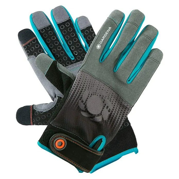 Gardena Gartenhandschuhe Geräte - L, Grau/Türkis - Ein Paar hochwertige Gardena Gartenhandschuhe in Grau, Schwarz und Türkis, ideal für Gartenarbeiten.