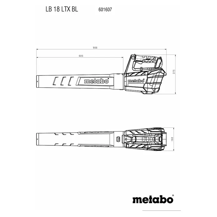 Metabo CAS 18V Akku-Laubbläser LB 18 LTX BL - 18 V, Li-Ionen, 2 Akkus, Blasgeschwindigkeit: 150 km/h - Produktbild des Metabo LB 18 LTX BL Laubbläsers mit Abmessungen. Das Bild zeigt die Baugröße und das Design des Laubbläsers.