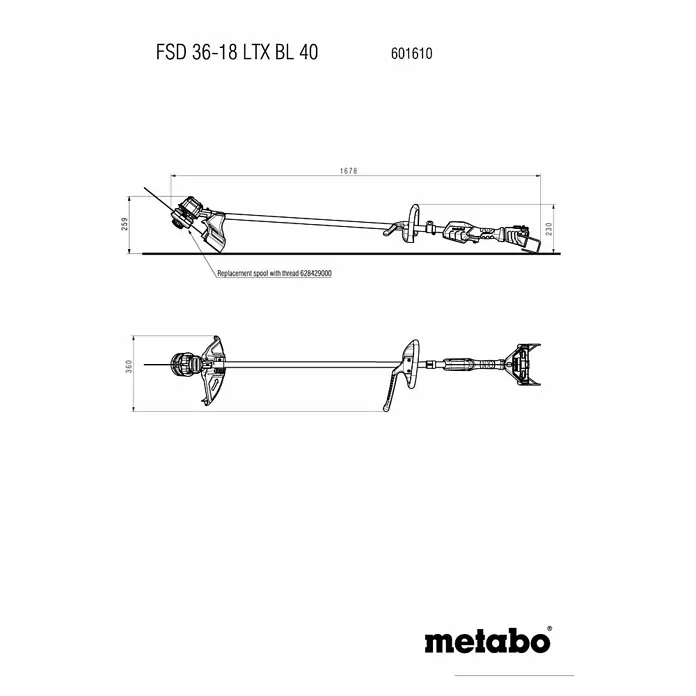 Metabo CAS 18V Akku-Rasentrimmer FSD 36-18 LTX BL 40 - 18 V, 2 Ah, Ohne Akku, Schnittbreite Faden: 40 cm - Abbildung des Metabo FSD 36-18 LTX BL 40 Akku-Rasentrimmers mit seinen Abmessungen und Details zum Spulenwechsel.