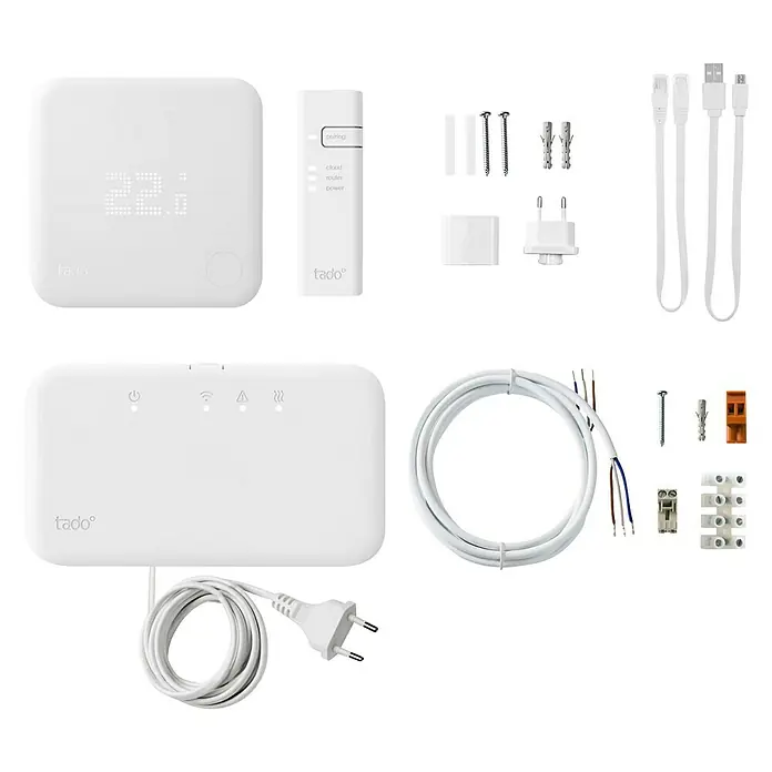 Tado Juego de termostato inteligente inalámbrico - Control inteligente: App Tado - El kit de inicio del termostato de radiador inteligente Tado V3+ para una gestión inteligente de la calefacción, con accesorios.