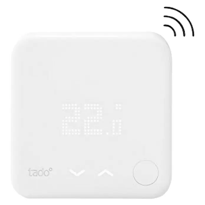 Tado Sensor de temperatura inalámbrico - 1,8 x 10,4 x 10,4 cm, Blanco - Un termostato inteligente tado° V3+ blanco con pantalla digital y controles para la gestión de la calefacción inteligente en el hogar.