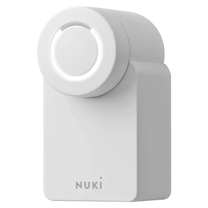 Nuki Cerradura electrónica Smart Lock 3.0 - 6 x 6 x 11 cm, Bluetooth, Blanco - Primer plano de un Nuki Smart Lock blanco, un moderno e inteligente dispositivo de cerradura de puerta.