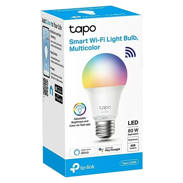 TP-Link Smart-LED-Lampe Tapo L530E - Mehrfarbig, 806 lm, 1 Stk. - TP-Link Tapo L530E Smart Wi-Fi Multicolor LED-Glühbirne in weiß-blauer Produktverpackung.