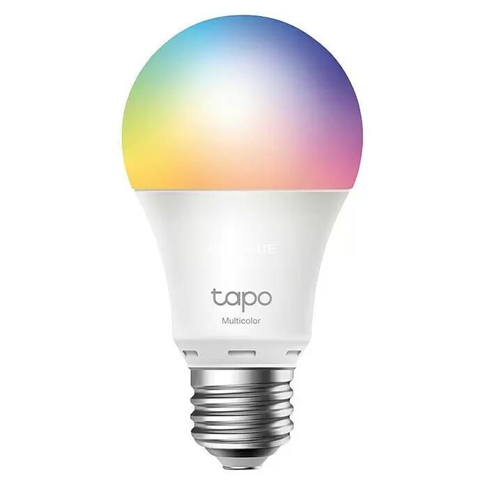 TP-Link Smart-LED-Lampe Tapo L530E - Mehrfarbig, 806 lm, 1 Stk. - Eine mehrfarbige smarte LED-Glühbirne mit regenbogenfarbenem Verlauf, weißem Sockel und silbernem Schraubgewinde.