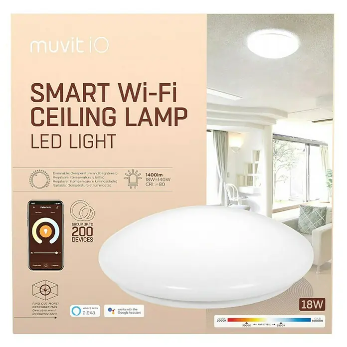 Muvit iO Plafón LED redondo WIFI Blanco - 18 W, Ø x Al: 33 x 9 cm, Blanco frío - Imagen de una lámpara de techo LED Smart Wi-Fi, regulable, con brillo y temperatura de color ajustables.