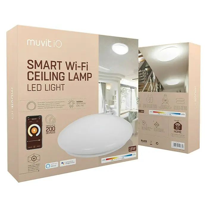 Muvit iO Plafón LED redondo WIFI Blanco - 18 W, Ø x Al: 33 x 9 cm, Blanco frío - Embalaje de la lámpara de techo inteligente Wi-Fi Muvit iO, una luz LED con atenuación y ajuste de brillo.