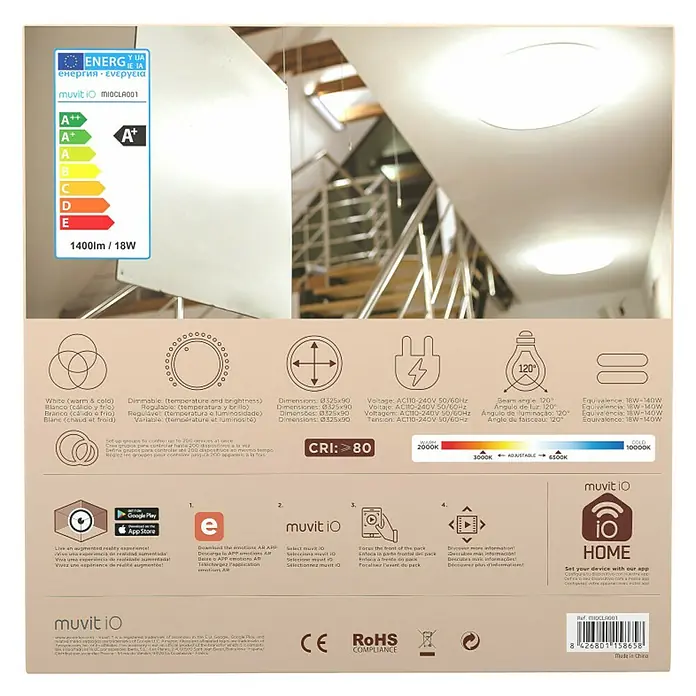Muvit iO Plafón LED redondo WIFI Blanco - 18 W, Ø x Al: 33 x 9 cm, Blanco frío - Información del producto: Lámpara de techo LED con temperatura de color ajustable y función de atenuación, clase de eficiencia energética A+, 1400 lúmenes, 18 vatios.