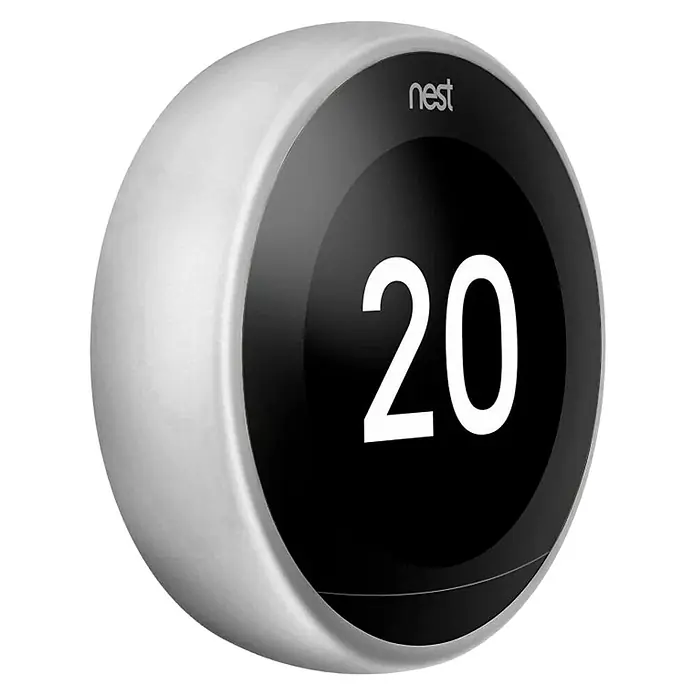Google Nest Termostato inalámbrico 3ra generación - Negro, Ø x Al: 8,4 x 8,4 cm - Termostato Nest con carcasa blanca y pantalla negra que muestra la temperatura a 20.