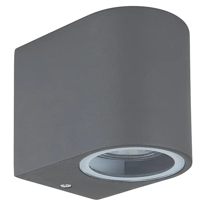 Globo Aplique exterior Veronika - 35 W, L x An x Al: 9,2 x 6,8 x 8,1 cm, Antracita, GU10, Redondeada - Primer plano de un moderno aplique de pared gris con apertura de luz redonda, ideal para una iluminación exterior elegante.