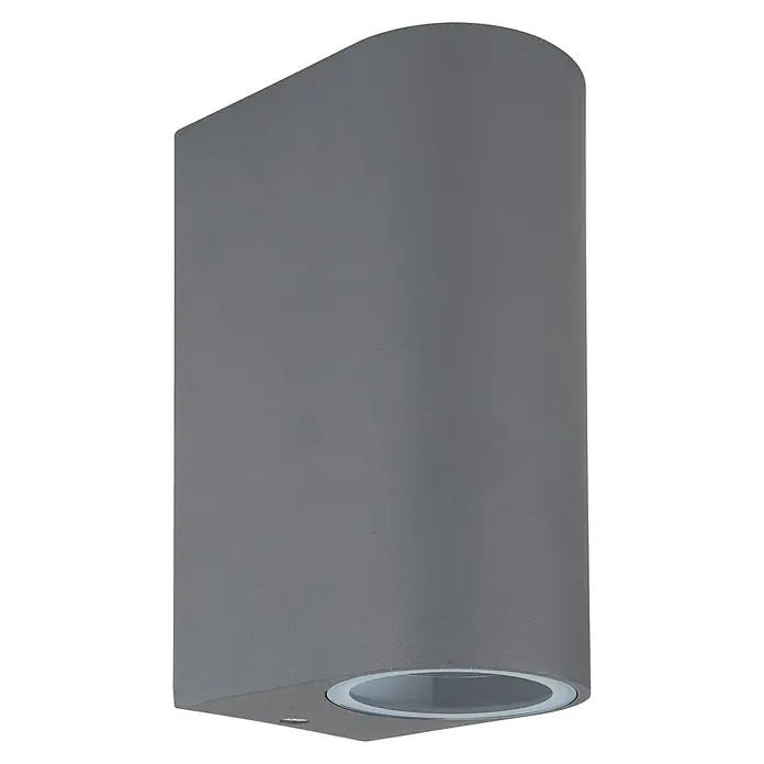 Globo Aplique exterior Veronika - 35 W, L x An x Al: 9,2 x 6,8 x 15 cm, Antracita, GU10, Redondeada - Primer plano de una lámpara de pared gris moderna con apertura de luz redonda, ideal para iluminación exterior elegante.