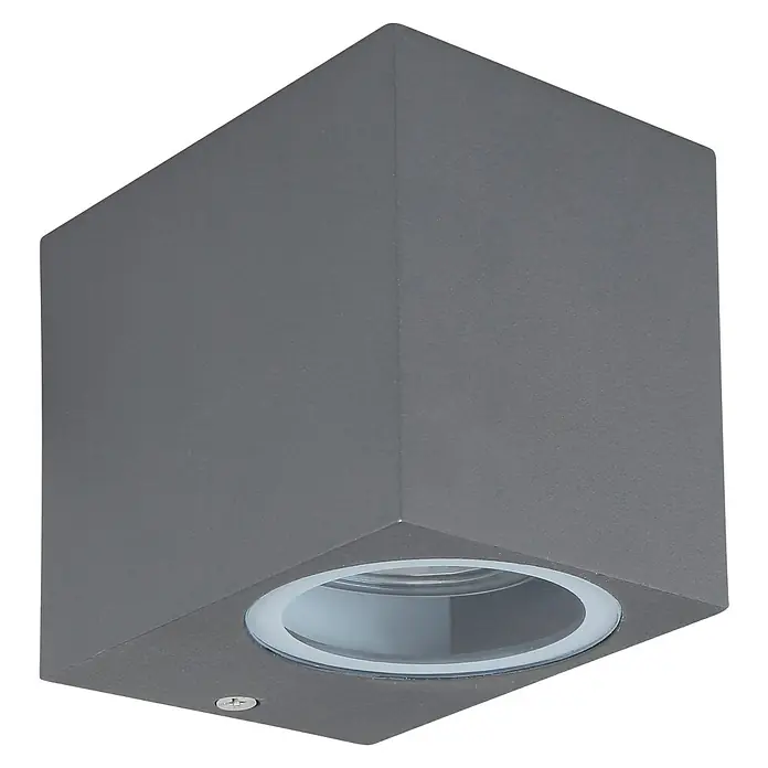 Globo Aplique exterior Veronika - 35 W, 9,2 x 6,8 x 8,1 cm, Antracita, IP44 - Primer plano de una moderna lámpara de pared cúbica gris con una fuente de luz redonda empotrada, ideal para fachadas contemporáneas.