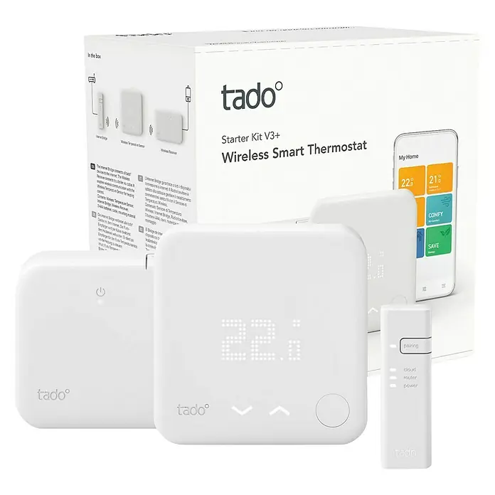 Tado Juego de termostato inteligente inalámbrico - Control inteligente: App Tado - Una vista cercana del Tado Starter Kit V3+ Termostato Inteligente Inalámbrico, que ofrece soluciones de calefacción inteligentes y modernas.