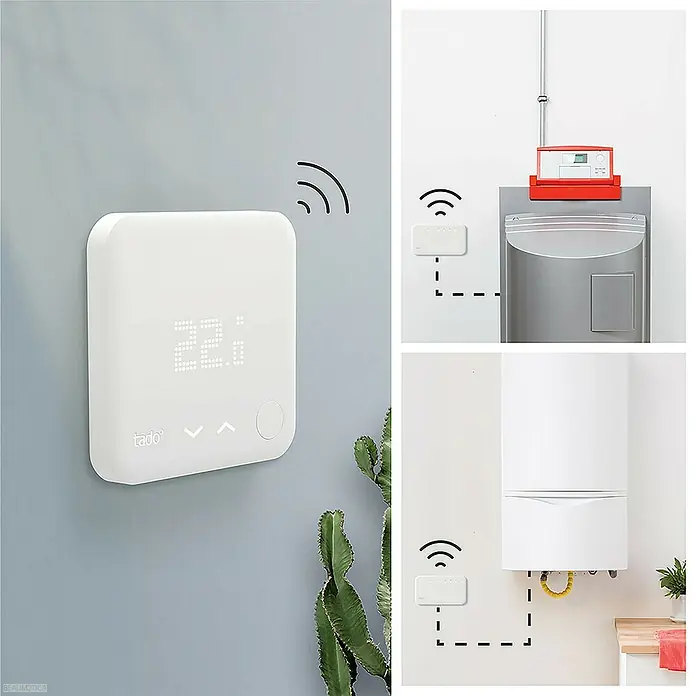 Tado Juego de termostato inteligente inalámbrico - Control inteligente: App Tado - La imagen muestra el termostato inteligente Tado Smart Thermostat V3+ en diferentes escenarios de instalación, incluyendo el termostato de pared y la conexión a la caldera.