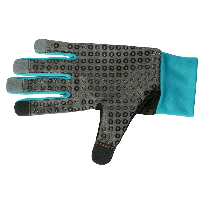Gardena Gartenhandschuhe - M, Türkis/Grau - Abgebildet ist ein grauer Gartenhandschuh mit schwarzen Kreisen auf der Handfläche und blauen Akzenten an den Fingern und am Handgelenk.
