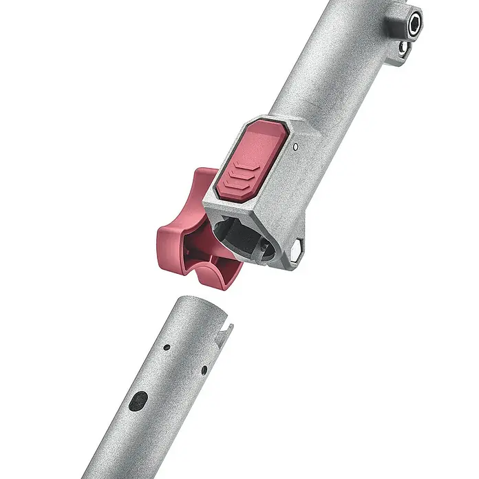 Metabo CAS 18V Akku-Rasentrimmer RTD 18 LTX BL 30 - 18 V, 2 Ah, Ohne Akku, Schnittbreite Faden: 30 cm - Detailaufnahme eines silbernen Werkzeugs mit rotem Knopf. Die präzise Konstruktion ist für den professionellen Einsatz konzipiert.