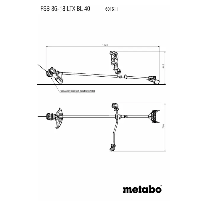 Metabo CAS 18V Akku-Rasentrimmer FSB 36-18 LTX BL 40 - 18 V, 2 Ah, Ohne Akku, Schnittbreite Faden: 40 cm - Abbildung des Akku-Rasentrimmers FSB 36-18 LTX BL 40 mit Abmessungen und Ersatzspule, geeignet für präzises Trimmen.