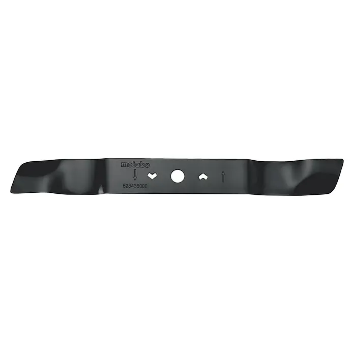 Metabo Ersatzmesser für Rasenmäher - Akku-Rasenmäher RM 36-18 LTX BL 46 - Nahaufnahme eines Metabo Rasenmähermessers mit Beschriftungen und Ausrichtungspfeilen.