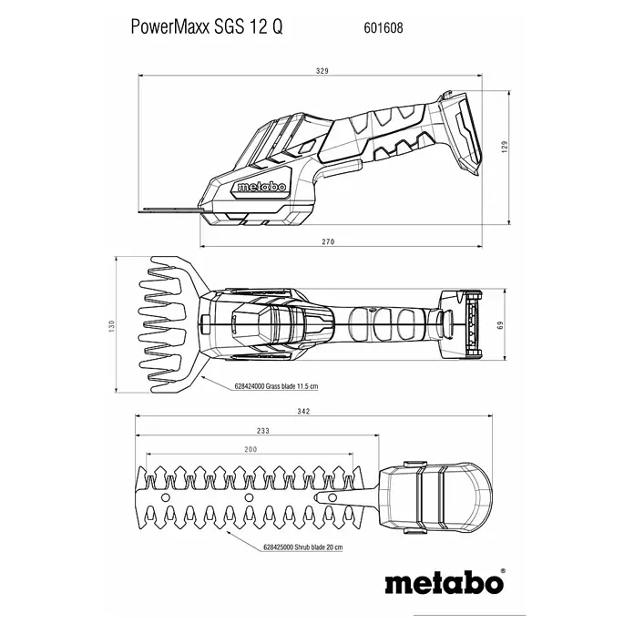 Metabo Akku-Gras- & Strauchschere PowerMaxx SGS 12 Q - 12 V, Li-Ionen, Ohne Akku, Schwertbreite: 13 cm - Abbildung des Metabo PowerMaxx SGS 12 Q Akku-Grasschneiders mit Strauchschere und den dazugehörigen Abmessungen.