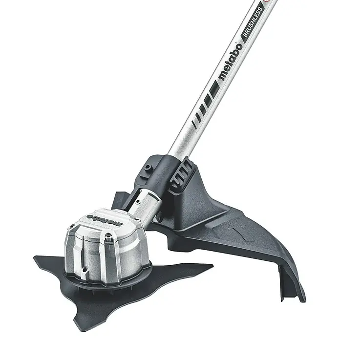 Metabo CAS 18V Akku-Rasentrimmer FSB 36-18 LTX BL 40 - 18 V, 2 Ah, Ohne Akku, Schnittbreite Faden: 40 cm - Detailaufnahme eines Metabo Akku-Rasentrimmers mit Metallgehäuse und robustem Klingenschutz.