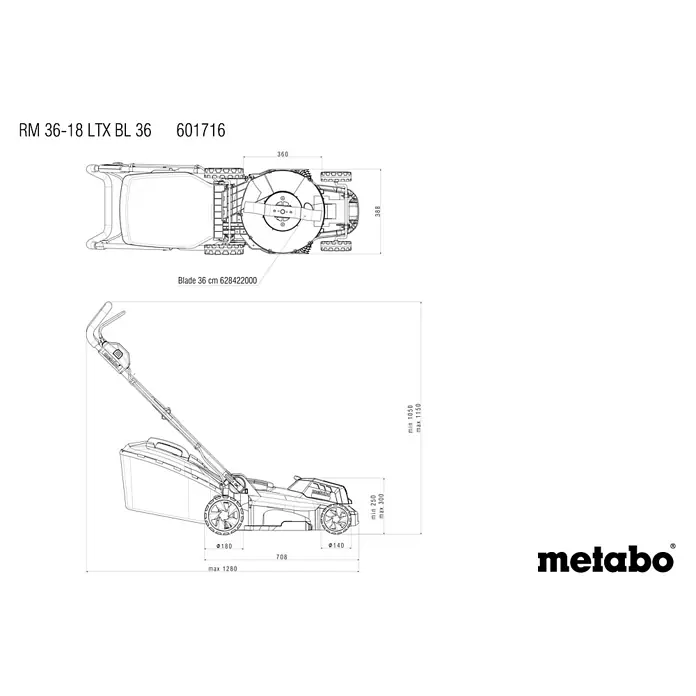 Metabo CAS 18V Akku-Rasenmäher RM 36-18 LTX BL 36 - 18 V, Ohne Akku, 5,2 Ah, Schnittbreite: 36 cm - Abbildung des Metabo RM 36-18 LTX BL 36 Akku-Rasenmähers mit detaillierten Maßangaben für Bau und Design.