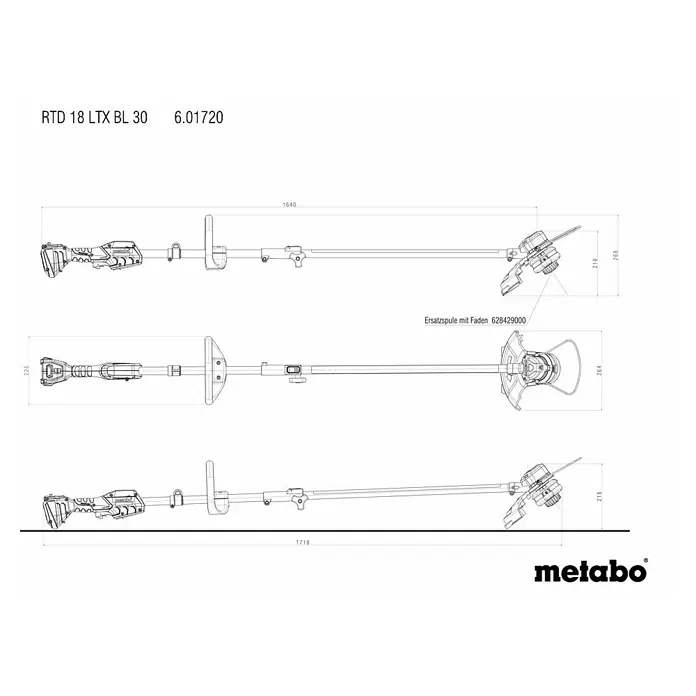 Metabo CAS 18V Akku-Rasentrimmer RTD 18 LTX BL 30 - 18 V, 2 Ah, Ohne Akku, Schnittbreite Faden: 30 cm - Abbildung des Metabo RTD 18 LTX BL 30 Akku-Rasentrimmers mit Abmessungen und Zubehörteilen.
