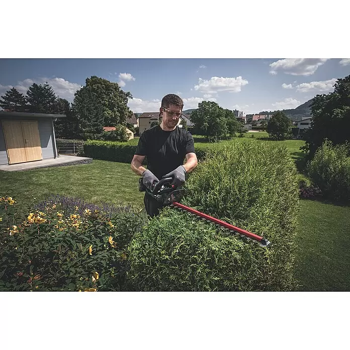 Metabo CAS 18V Akku-Heckenschere HS 18 LTX 55 - 18 V, 2 Akkus, Schwertlänge: 55 cm - Mann mit Schutzbrille und Handschuhen trimmt eine grüne Hecke mit einer Heckenschere mit roter Klinge.