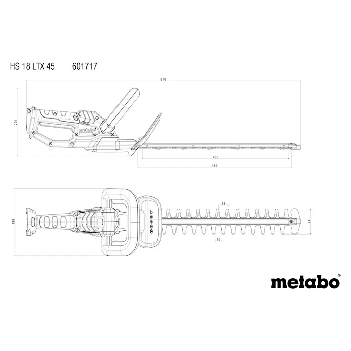 Metabo CAS 18V Akku-Heckenschere HS 18 LTX 45 - 18 V, Li-Ionen, Ohne Akku, Schwertlänge: 45 cm - Schema der Metabo HS 18 LTX 45 Heckenschere mit Abmessungen, ideal für präzise Gartenarbeit und Landschaftspflege.