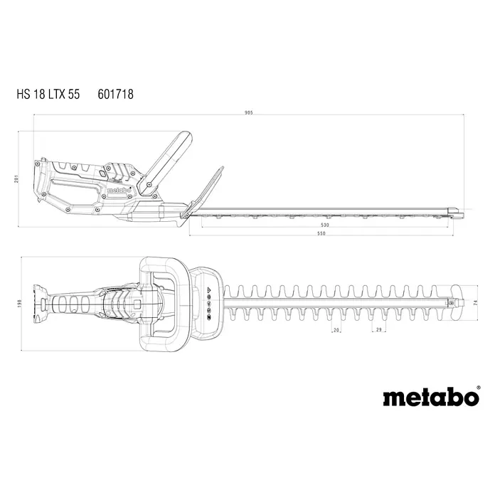 Metabo CAS 18V Akku-Heckenschere HS 18 LTX 55 - 18 V, 2 Akkus, Schwertlänge: 55 cm - Abbildung der Metabo HS 18 LTX 55 Akku-Heckenschere mit Maßangaben zur Veranschaulichung der Produktabmessungen und -merkmale.