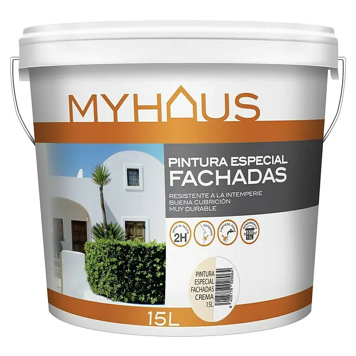 Pintura para fachadas de acrilato puro Myhaus - Cream, 15 l - Un cubo de 15L de pintura para fachadas Myhaus, especial para exteriores, con gran cobertura y durabilidad.