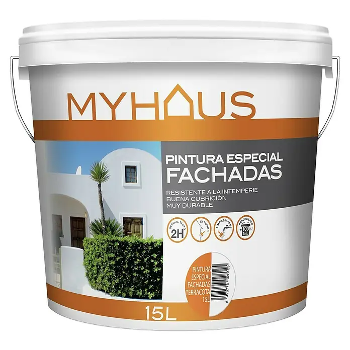 Pintura para fachadas de acrilato puro Myhaus - Terracota, 15 l - Un cubo de pintura para fachadas Myhaus de 15L en terracota. Resistente a la intemperie, con buena cubrición y muy duradera, ideal para exteriores.