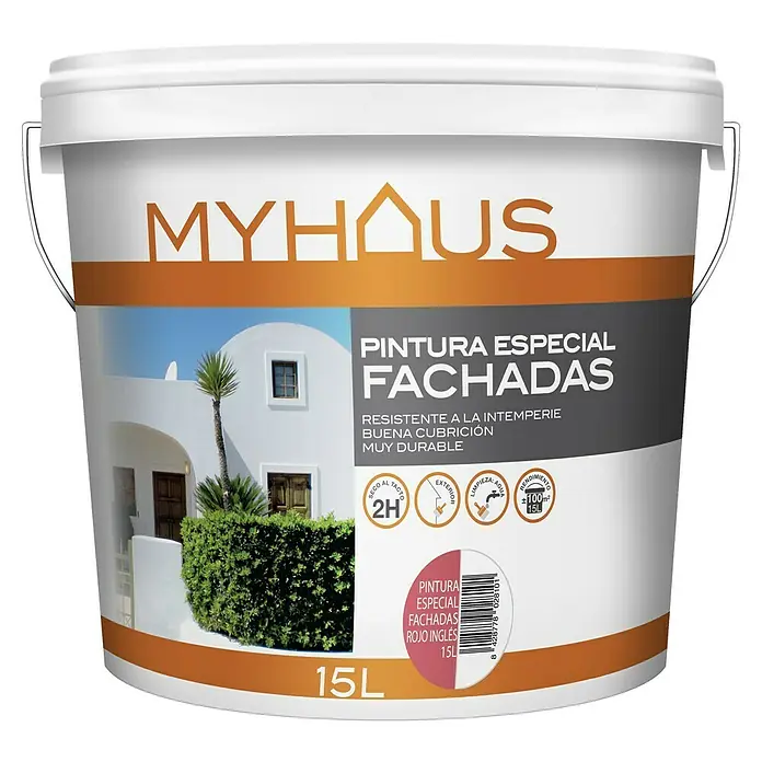 Pintura para fachadas de acrilato puro Myhaus - Rojo, 15 l - Cubo de pintura para fachadas de la marca MyHous, de 15 litros, especial para fachadas, resistente y duradera.