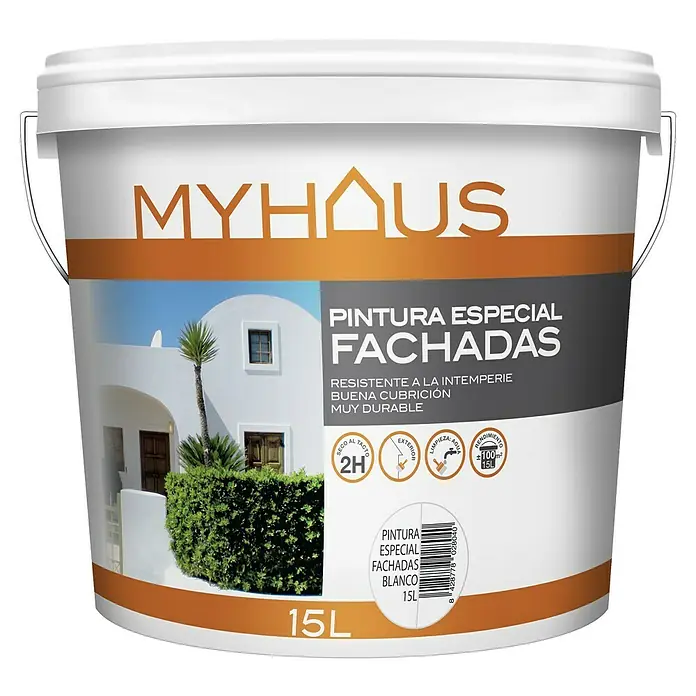 Pintura para fachadas de acrilato puro Myhaus - Blanco, 15 l - Un cubo de pintura para fachadas Myhaus, especial para exteriores, resistente a la intemperie y con buena cobertura, 15 litros.