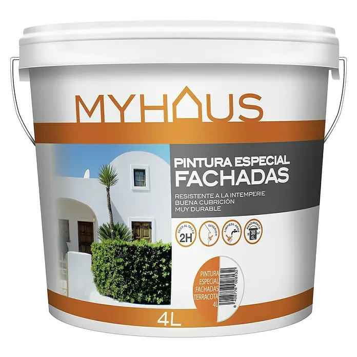 Pintura para fachadas de acrilato puro Myhaus - Terracota, 4 l - Un cubo de 4L de pintura para fachadas MYHAUS, especial para fachadas, resistente a la intemperie y muy duradera.