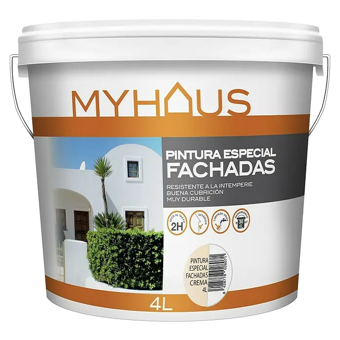 Pintura para fachadas de acrilato puro Myhaus - Cream, 4 l - Un cubo de 4L de pintura especial para fachadas Myhaus en color crema. Apta para exteriores, resistente a la intemperie y duradera.