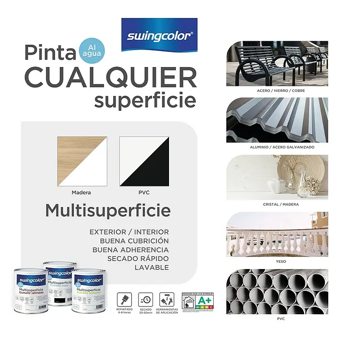 swingcolor Esmalte de color Multisuperficie - Blanco, Mate, 750 ml, Base de agua - Anuncio de pintura multi-superficie Swingcolor, apta para madera, PVC, metales, vidrio, yeso. Ideal para interiores y exteriores, secado rápido y lavable.