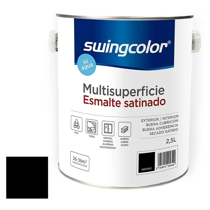 swingcolor Esmalte de color Multisuperficie - Negro, Satinado, 2,5 l, Base de agua - Una lata de pintura Swingcolor Multisuperficie Esmalte Satinado. Apta para diversas superficies, incluyendo PVC, vidrio, madera y metal.