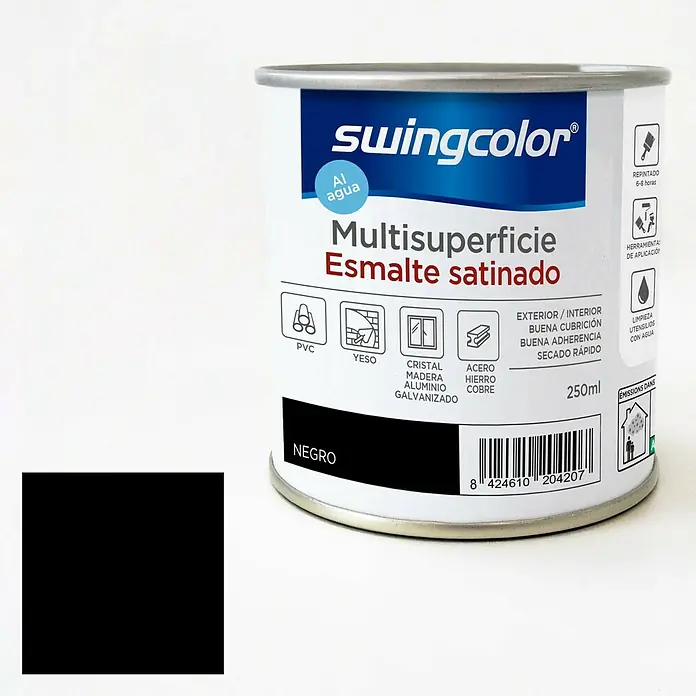 swingcolor Esmalte de color Multisuperficie - Negro, Satinado, 250 ml, Base de agua - Un bote de pintura Swingcolor Multisuperficie Esmalte satinado en negro, apto para diversas superficies, con un contenido de 250ml.