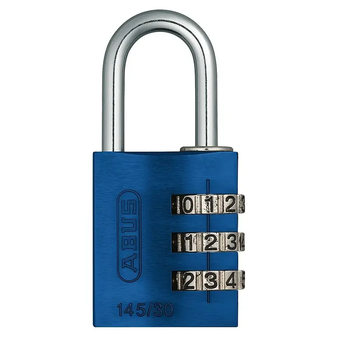 Abus Vorhängezahlenschloss Lock-Tag 145/30 - B x L: 31,5 x 15,5 mm, Aluminium, Anzahl Zahlenrollen: 3 Stk., Blau - Nahaufnahme eines blauen ABUS 145/30 Zahlenschlosses mit einem silbernen Bügel, das Sicherheit und Schutz für verschiedene Anwendungen bietet.