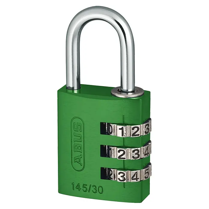 Abus Vorhängezahlenschloss Lock-Tag 145/30 - Bügelstärke: 5 mm, Grün, Anzahl Zahlenrollen: 3 Stk. - Ein grünes ABUS 145/30 Zahlenschloss mit drei Drehscheiben und einem silbernen Bügel, ideal für die Sicherung von Wertgegenständen.