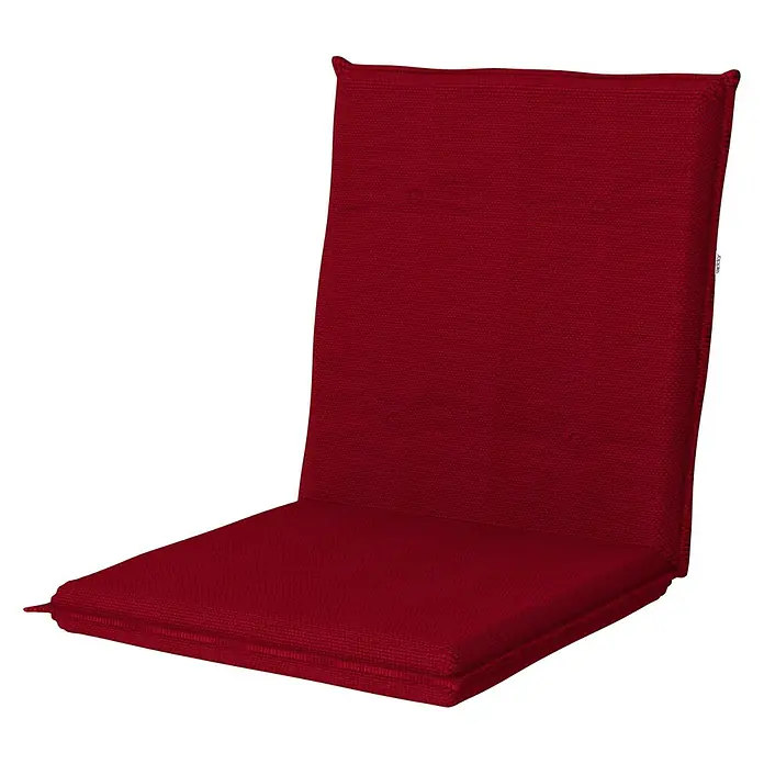 Doppler Gartenmöbel-Auflage Star - Niederlehner, Bordeaux, L x B x H: 100 x 48 x 6 cm, Dralon - Nahaufnahme eines roten Stuhlkissens mit hoher Rückenlehne, ideal für zusätzlichen Komfort und Stil in jedem Zuhause.