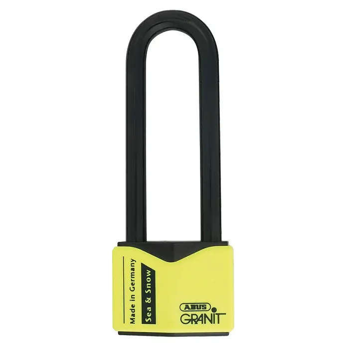 Abus Überfalle mit Vorhangschloss Überfalle Con Hasp Granit 215/100 + Vorhangschloss Granit 37/55 HB100 - Einsatzbereich: Container - Das Bild zeigt ein ABUS Granit Sea & Snow Bügelschloss in Gelb mit schwarzem Bügel, ideal für den Einsatz unter extremen Bedingungen.