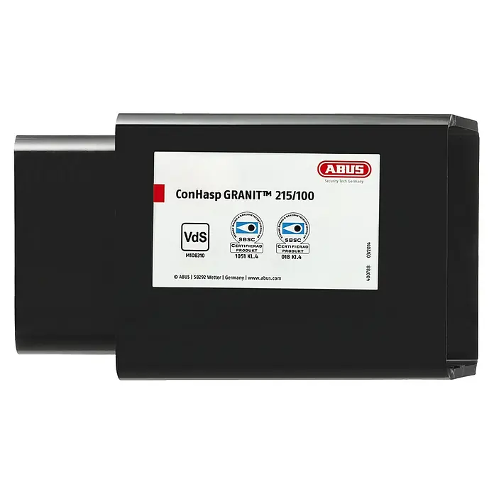 Abus Überfalle mit Vorhangschloss Überfalle Con Hasp Granit 215/100 + Vorhangschloss Granit 37/55 HB100 - Einsatzbereich: Container - Bild eines ABUS ConHasp GRANIT™ 215/100, einem Sicherheitsprodukt von ABUS Security Tech Germany, das hohe Sicherheitsstandards erfüllt.
