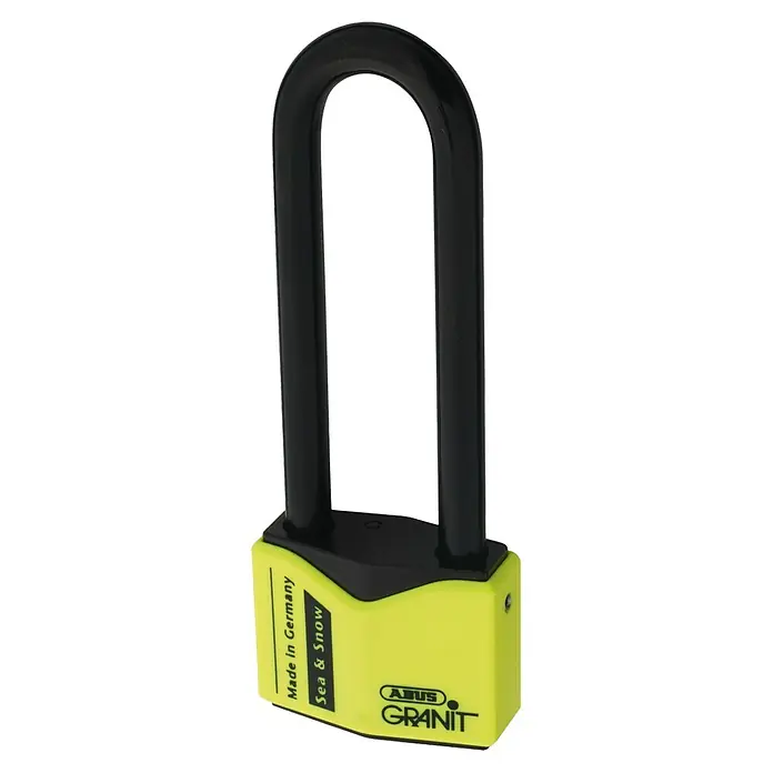 Abus Überfalle mit Vorhangschloss Überfalle Con Hasp Granit 215/100 + Vorhangschloss Granit 37/55 HB100 - Einsatzbereich: Container - Abus Granit Sea&Snow U-Bügel Schloss. Das Schloss ist gelb und schwarz, und besteht aus gehärtetem Stahl.