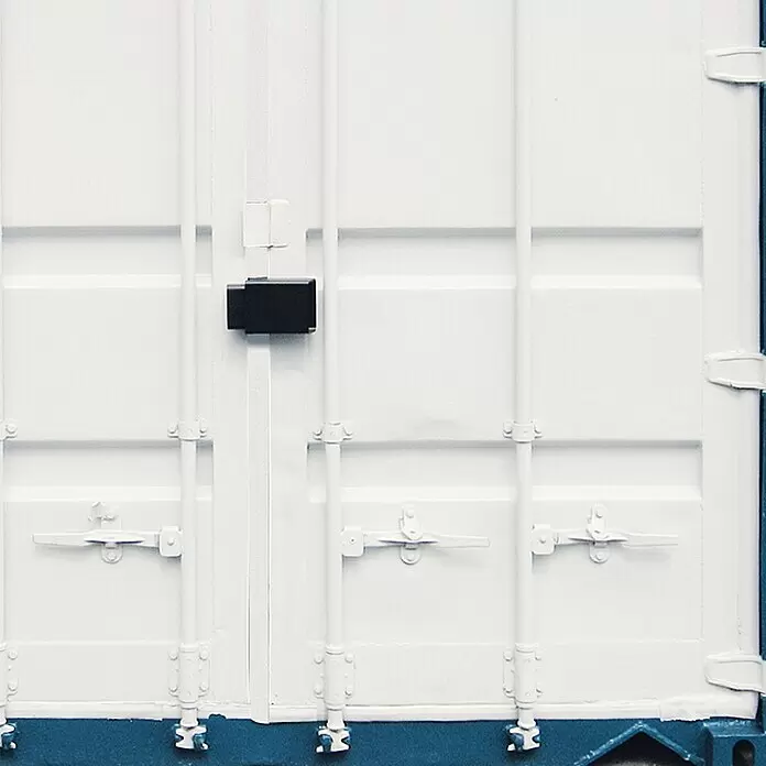 Abus Überfalle mit Vorhangschloss Überfalle Con Hasp Granit 215/100 + Vorhangschloss Granit 37/55 HB100 - Einsatzbereich: Container - Weiße Seefracht-Containertür mit schwarzem Vorhängeschloss.